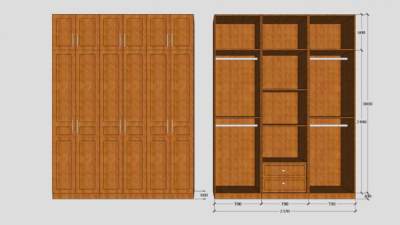 一字敞开实木衣柜SU模型下载_sketchup草图大师SKP模型