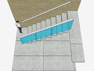 钢石踏板玻璃护栏楼梯SU模型下载_sketchup草图大师SKP模型