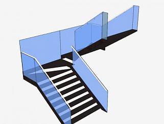 玻璃护栏双跑楼梯SU模型下载_sketchup草图大师SKP模型
