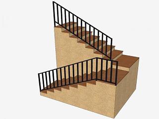 砌石木踏板护栏楼梯SU模型下载_sketchup草图大师SKP模型