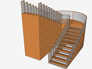 U型木玻璃护栏楼梯SU模型下载_sketchup草图大师SKP模型