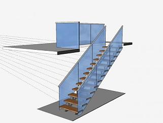 <em>木楼梯</em>与玻璃栅栏SU模型下载_sketchup草图大师SKP模型