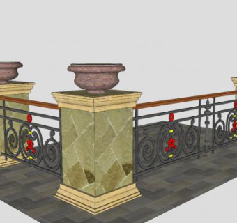 铁艺盆栽石柱围墙SU模型下载_sketchup草图大师SKP模型