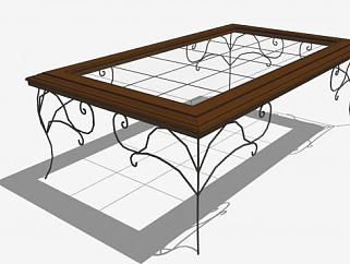 锻铁木头玻璃咖啡桌SU模型下载_sketchup草图大师SKP模型