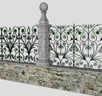 砖石雕花铁艺围栏和门SU模型下载_sketchup草图大师SKP模型
