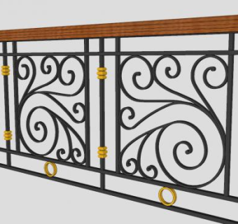 老式铁艺木扶手护栏SU模型下载_sketchup草图大师SKP模型