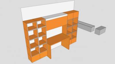 嵌入式橘色隔板书架SU模型下载_sketchup草图大师SKP模型