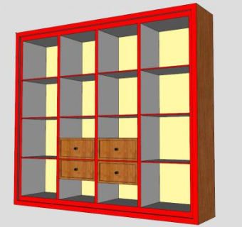 现代红色隔板书柜SU模型下载_sketchup草图大师SKP模型