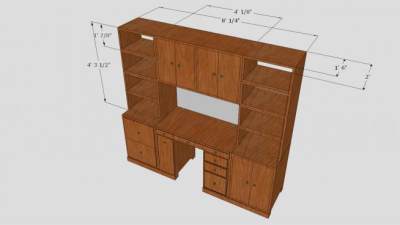 实木内置桌子和书柜SU模型下载_sketchup草图大师SKP模型