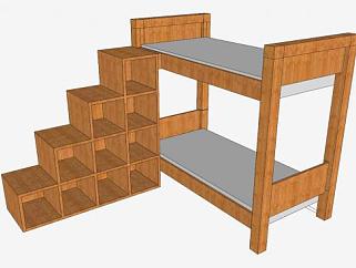 现代双层床和书柜SU模型下载_sketchup草图大师SKP模型