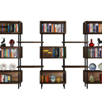 实木钢木结合式书架SU模型下载_sketchup草图大师SKP模型