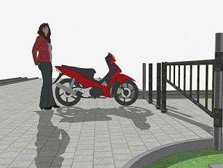 街道口的红色摩托SU模型下载_sketchup草图大师SKP模型