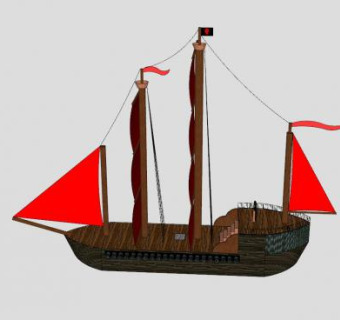 红色船帆海盗船SU模型下载_sketchup草图大师SKP模型