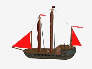红色船帆海盗船SU模型下载_sketchup草图大师SKP模型