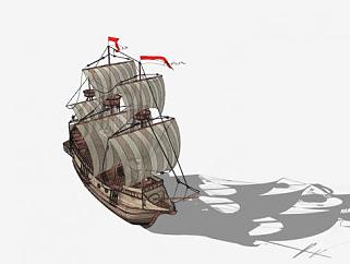金鹿号盖伦型三桅帆船SU模型下载_sketchup草图大师SKP模型