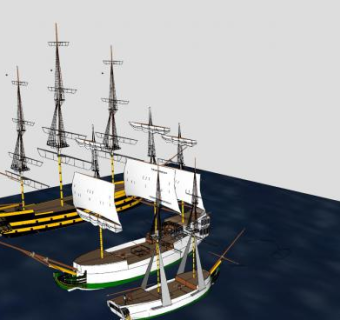三艘帆船船只SU模型下载_sketchup草图大师SKP模型