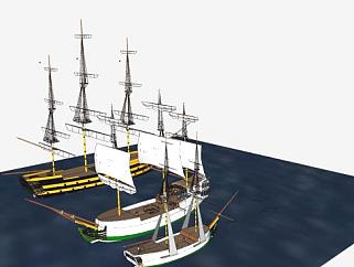 三艘帆船船只SU模型下载_sketchup草图大师SKP模型