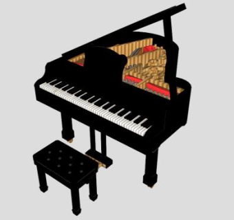 黑色带长椅大钢琴SU模型下载_sketchup草图大师SKP模型