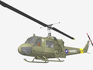 美国UH-1休伊直升机SU模型下载_sketchup草图大师SKP模型