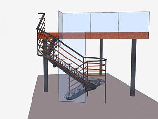 钢管玻璃楼梯SU模型下载_sketchup草图大师SKP模型