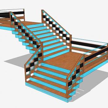 多跑木楼梯SU模型下载_sketchup草图大师SKP模型