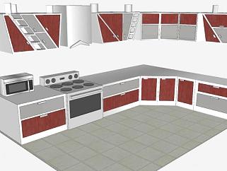 现代红棕色厨房SU模型下载_sketchup草图大师SKP模型