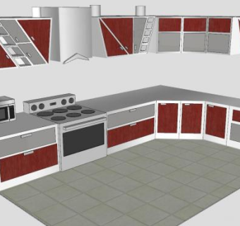 现代红棕色厨房SU模型下载_sketchup草图大师SKP模型