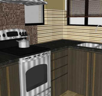 现代L型厨房装修SU模型下载_sketchup草图大师SKP模型