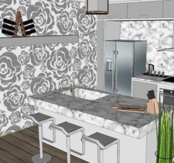 花纹岛型厨房布局SU模型下载_sketchup草图大师SKP模型