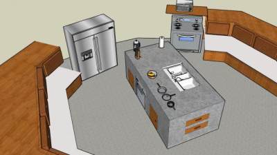 不锈钢岛型厨房SU模型下载_sketchup草图大师SKP模型