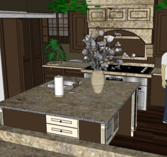 简欧风格岛型厨房SU模型下载_sketchup草图大师SKP模型