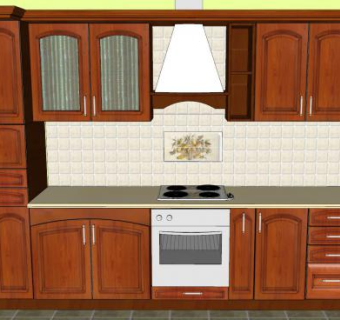 红木一字型厨房SU模型下载_sketchup草图大师SKP模型