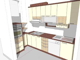 家居一字型厨房装修SU模型下载_sketchup草图大师SKP模型