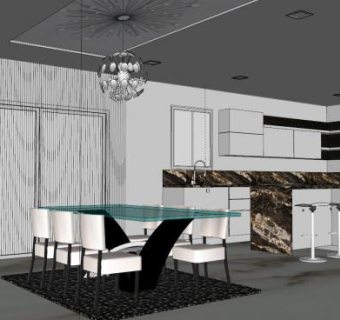 白色装修岛型厨房SU模型下载_sketchup草图大师SKP模型