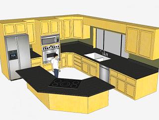 黄色厨房装修简易风格SU模型下载_sketchup草图大师SKP模型