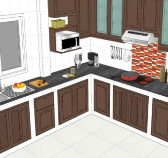 现代L型装修厨房SU模型下载_sketchup草图大师SKP模型