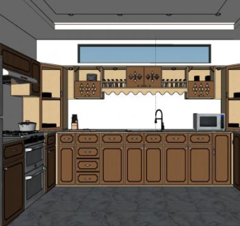 木质U型厨房装修SU模型下载_sketchup草图大师SKP模型