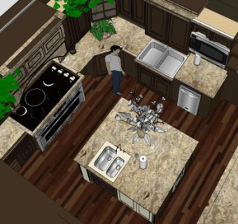 田园风厨房岛型橱柜SU模型下载_sketchup草图大师SKP模型