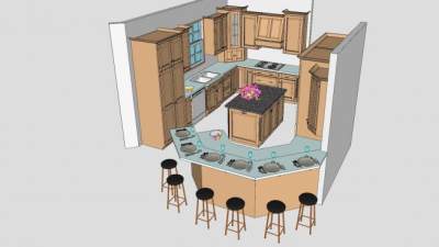 简约风格岛型厨房SU模型下载_sketchup草图大师SKP模型