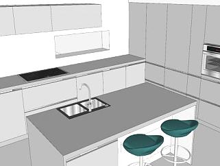 岛型白色厨房布局SU模型下载_sketchup草图大师SKP模型