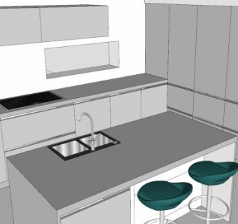 岛型白色厨房布局SU模型下载_sketchup草图大师SKP模型