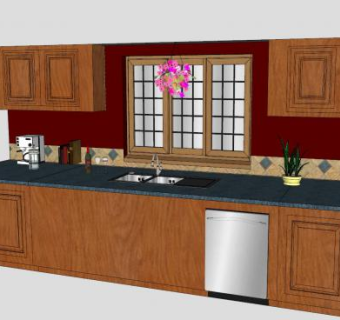现代一字型厨房设计SU模型下载_sketchup草图大师SKP模型