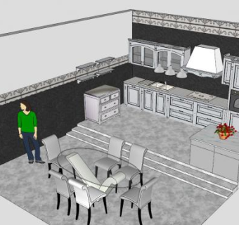 简欧一字型厨房SU模型下载_sketchup草图大师SKP模型