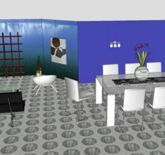 蓝色装修餐厅客厅SU模型下载_sketchup草图大师SKP模型