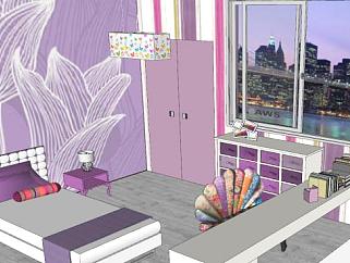 紫色主题卧室SU模型下载_sketchup草图大师SKP模型