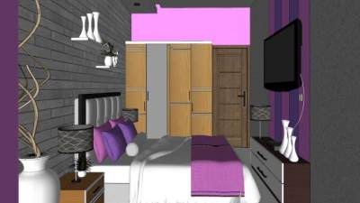 主题紫色风格卧室SU模型下载_sketchup草图大师SKP模型