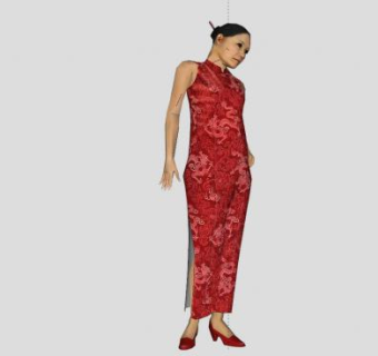 红色旗袍女人SU模型下载_sketchup草图大师SKP模型