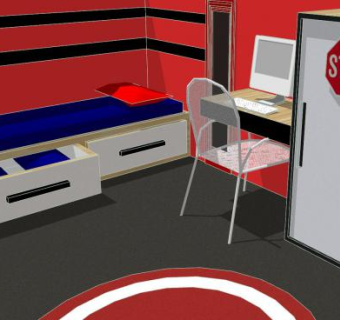 现代卧室红色SU模型下载_sketchup草图大师SKP模型