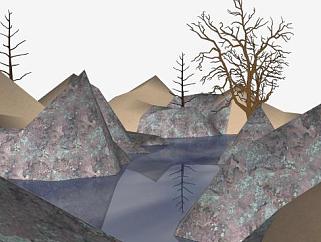 沙漠湖泊<em>地形</em>枯树SU模型下载_sketchup草图大师SKP模型