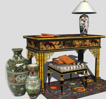 中式风格办公桌和瓷器花瓶SU模型下载_sketchup草图大师SKP模型